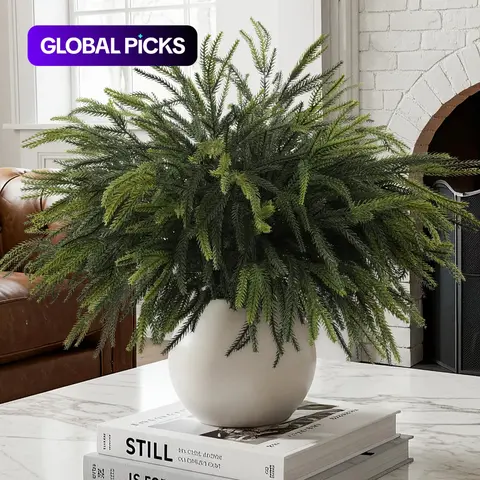 Christmas Norfolk Pine Stems, 24-Inch Long Artificial Evergreen Branches, Decorative Artificial Faux Greenery, Real Touch Greenery Picks, Fake Indoor Plants, Artificial Plants for DIY Xmas Home Decoration, Simulation Ornaments #GLOBAL PICKS