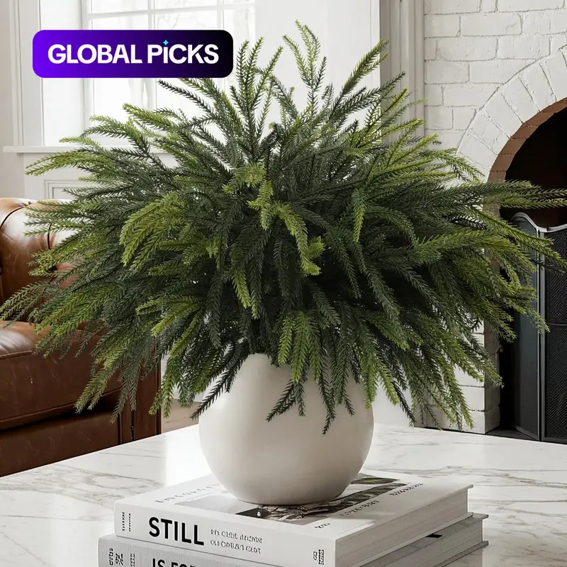 Christmas Norfolk Pine Stems, 24-Inch Long Artificial Evergreen Branches, Decorative Artificial Faux Greenery, Real Touch Greenery Picks, Fake Indoor Plants, Artificial Plants for DIY Xmas Home Decoration, Simulation Ornaments #GLOBAL PICKS