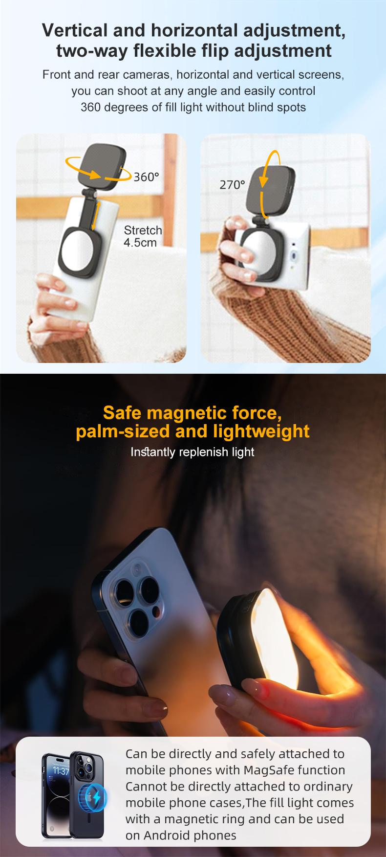 Magnetic Selfie Light for Phones LED Selfie Ring Light 360° LED Ring Light with MagSafe Portable Rechargeable Selfie & Fill Light with Mirror & Phone Stand Perfect Gift for girls for Makeup Live Streaming & Video Calls