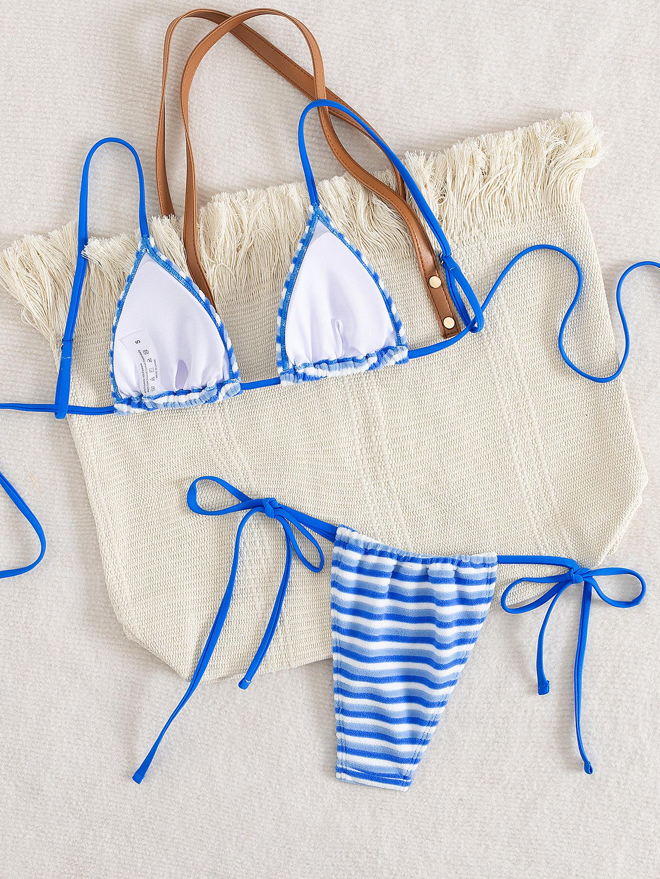 Terry Cloth Striped Triangle Tie Side Bikini Set, Textured String Swimsuit Two Piece Bathing Suit for Women Beachwear
