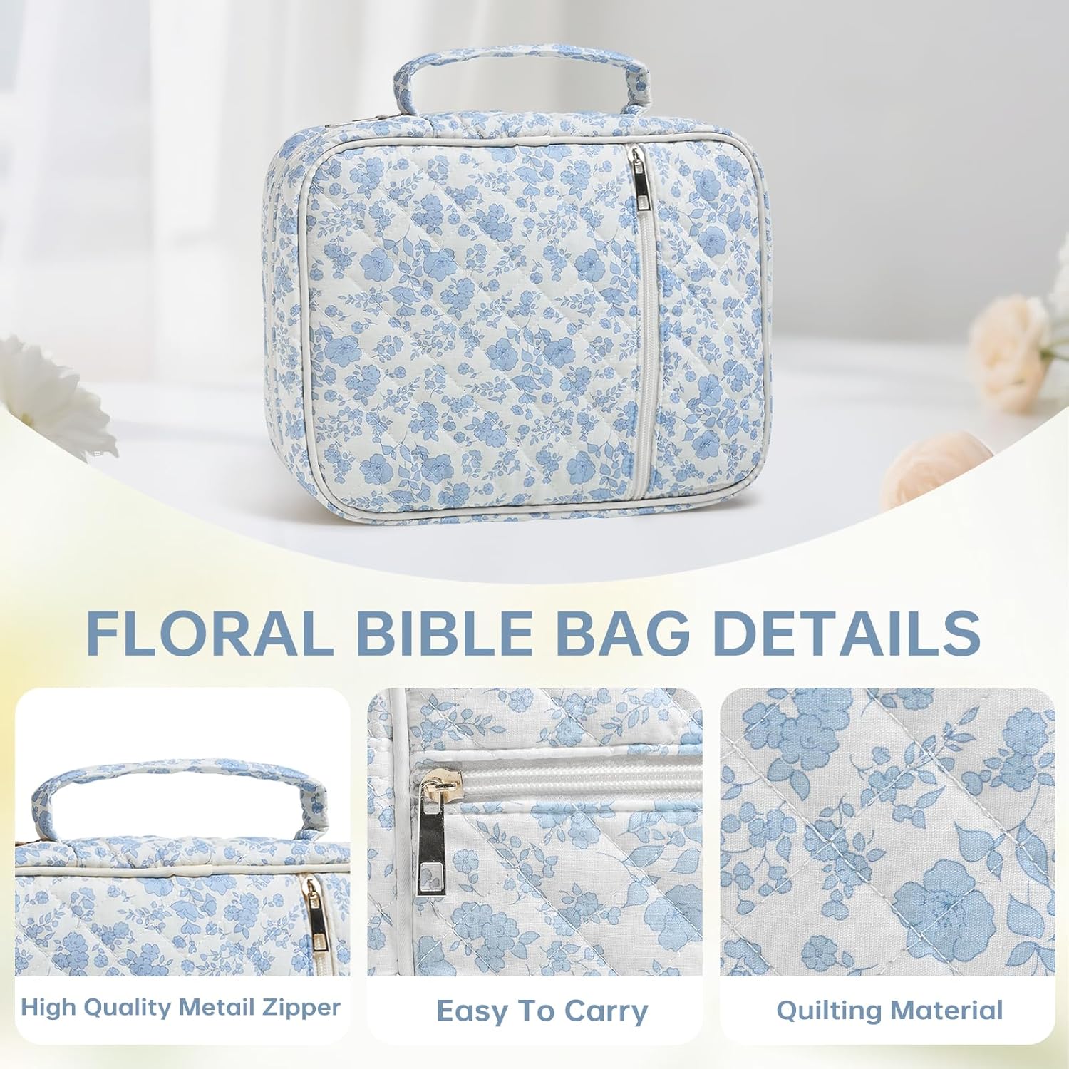 Bible Cover Case for Women Large Bible Cover with Durable Handle Quilted Bible Carrying Case for Girls Bible Study Supplies Accessories, Mother Day, Christmas Christian Gifts for Women