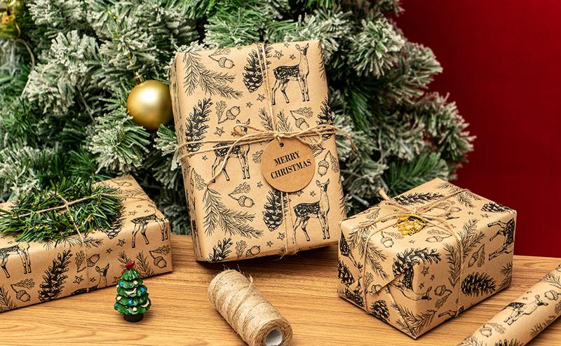 RUSPEPA Kraft Christmas Wrapping Paper Roll - Mini Roll - Black Reindeer Design for Holiday Gift Wrap - 17 Inches X 32.8 Feet