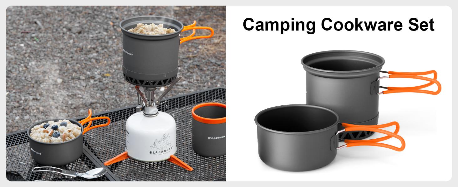Odoland Camping Pots with Heat Exchanger Camping Cooking Set with Portable Camping Stove Camping Mess Kit Include Mug, Folding Utensil Set,Camping Cookware,Canister Stabilizer for Backpacking Outdoor Hiking & Picnic [Fuel not included]