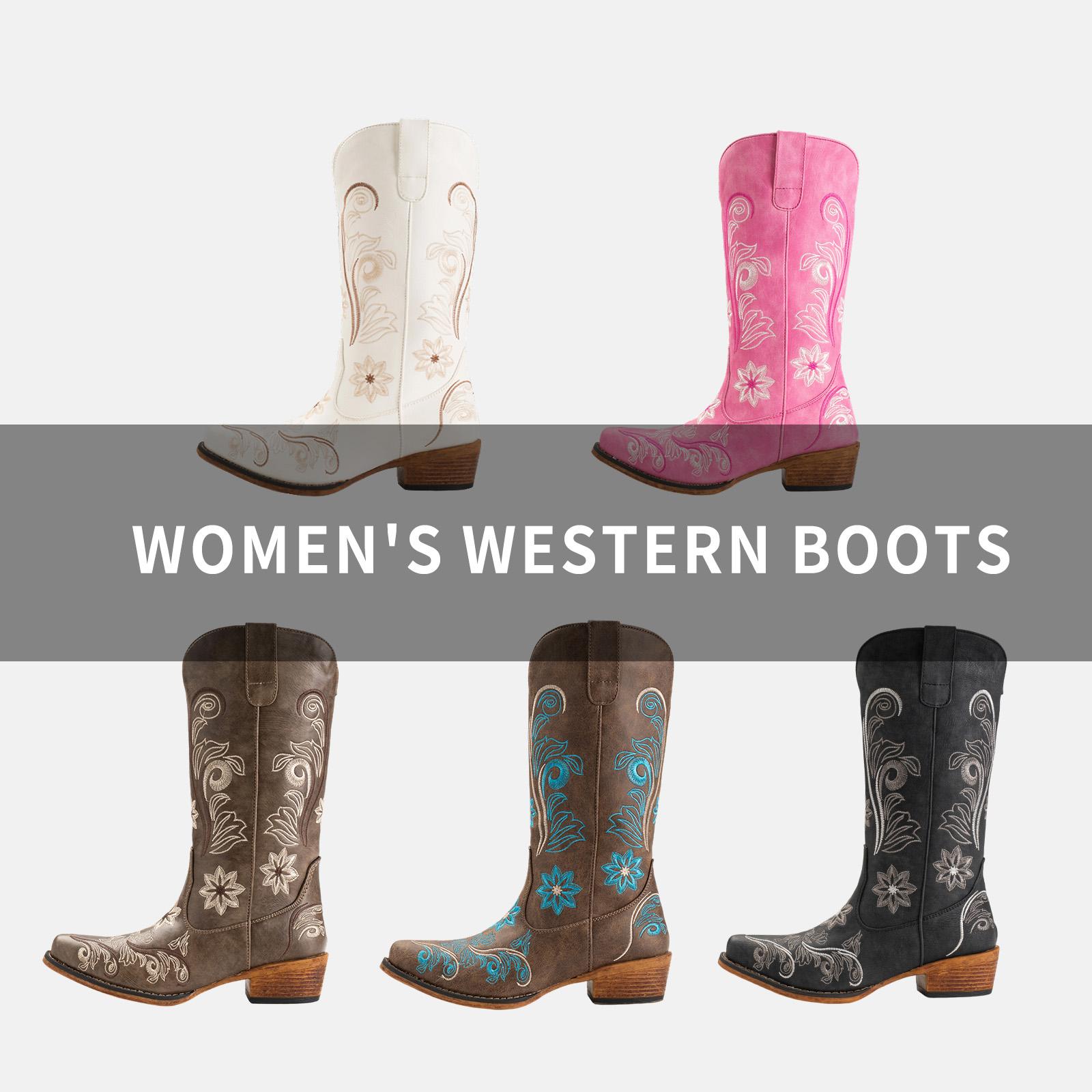 IUV Cowboy Boots For Women Mid Calf Western Boots Cowgirl Pull-On Tabs Pointy Toe Boot