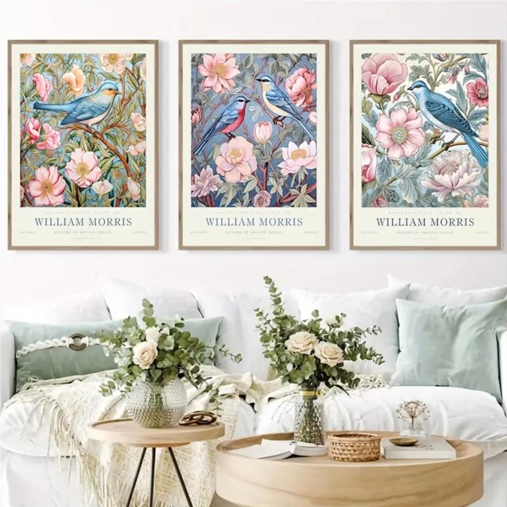 3 Pieces Optional Wooden Frame William Morris Floral Bird Wall Poster Canvas Painting Floral Wall Art Plant Retro Print Living Room Home Decor Color Accurate Reproduction Hanging Painting Clear Texture Canvas Print