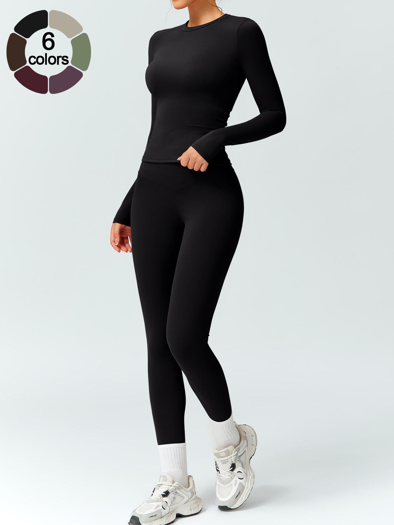 Women's Solid Color Long Sleeve Tee & High Waist Leggings Tracksuit Set, Athletic Activewear Tracksuits, Sporty Comfy Breathable Outfits for Gym Workout Running, Ladies Fall & Winter Sportswear
