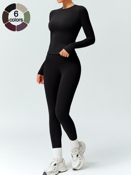 Women's Solid Color Long Sleeve Tee & High Waist Leggings Tracksuit Set, Athletic Activewear Tracksuits, Sporty Comfy Breathable Outfits for Gym Workout Running, Ladies Fall & Winter Sportswear