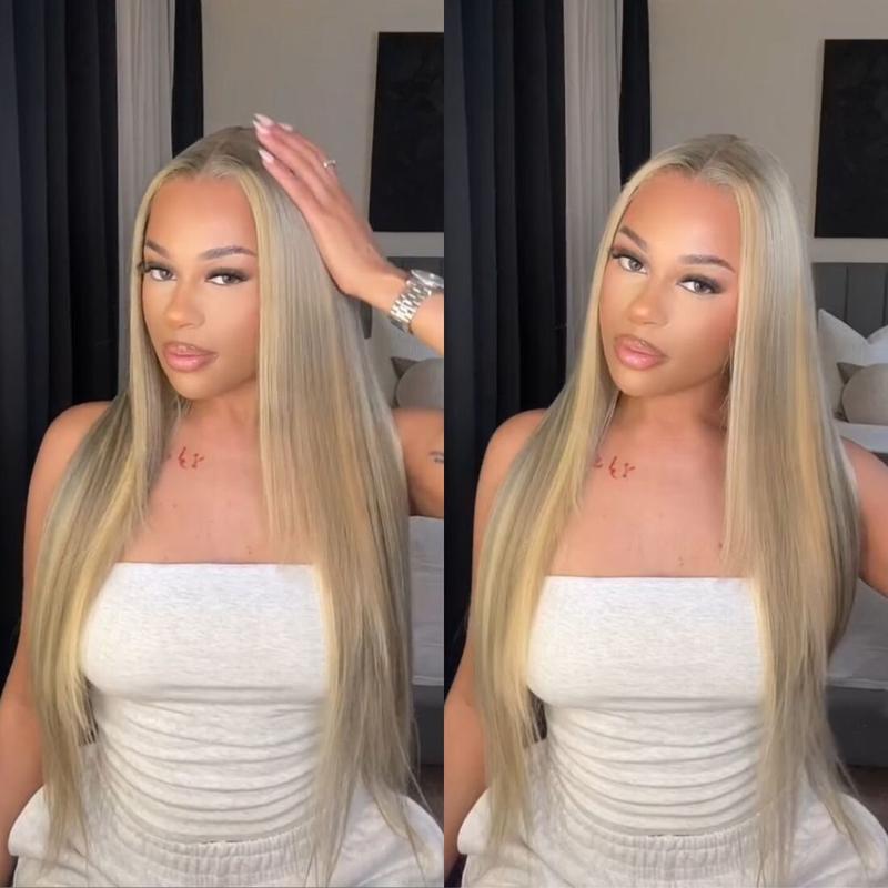 Rina Milk Tea Ash Blonde Lace Front Wig Human Hair 200% Density Pure Luxury Virgin Human Hair Wig Body Wave 13x4 HD Lace Upgrades Ash Blonde Colored Wig with Natural Hairline for Women