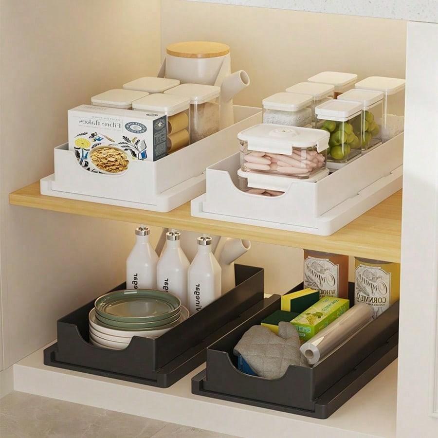 Adjustable Storage Rack, Single and Double Layer Sink Under Cabinet Organizer, Pull-Out Metal Kitchen Bathroom Shelf, Cleaner Supplies Organizer