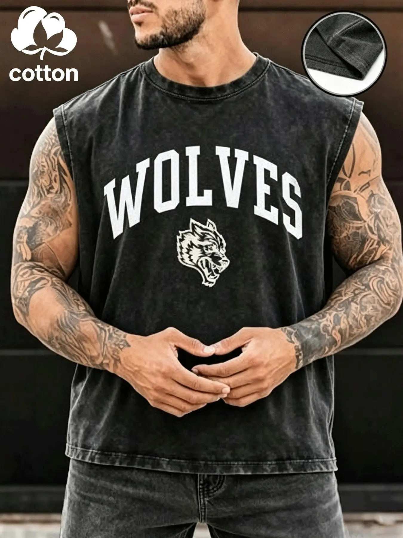 Men's Vintage Washed WOLVES Mascot Graphic Print Sleeveless Cotton Tank, Streetwear, Sportswear Crew Neck Cutoff Muscle Vest, Retro Varsity Sport Y2K Aesthetic & Soft Washed Cotton Fabric, Daily Workout Fitness Streetwear, Casual Sleeveless Top for Men