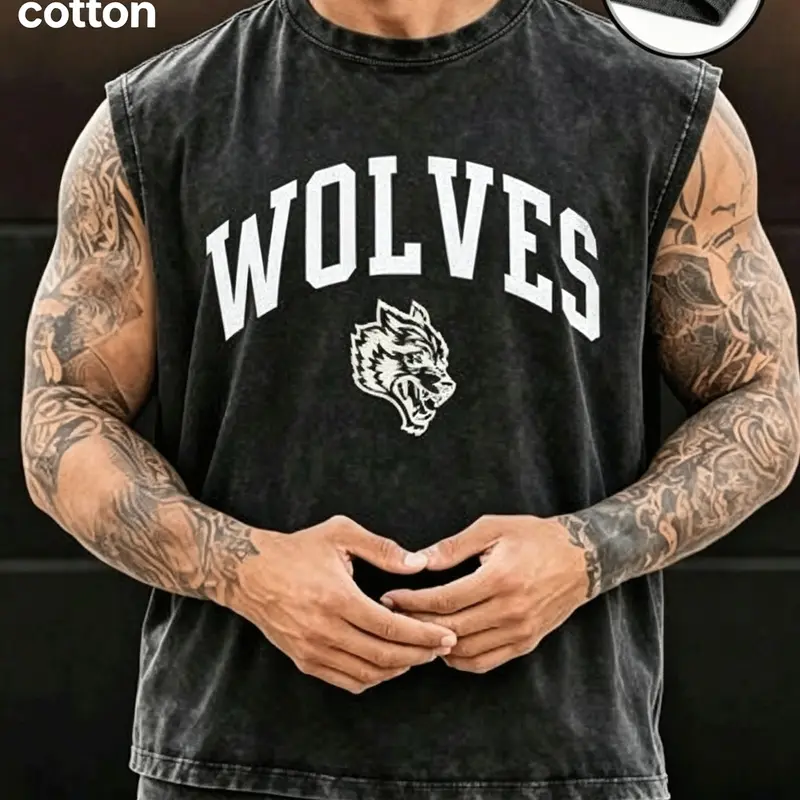 Men's Vintage Washed WOLVES Mascot Graphic Print Sleeveless Cotton Tank, Streetwear, Sportswear Crew Neck Cutoff Muscle Vest, Daily Workout Fitness Streetwear, Casual Sleeveless Top for Men, Workout Tops