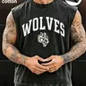Men's Vintage Washed WOLVES Mascot Graphic Print Sleeveless Cotton Tank, Streetwear, Sportswear Crew Neck Cutoff Muscle Vest, Daily Workout Fitness Streetwear, Casual Sleeveless Top for Men, Workout Tops