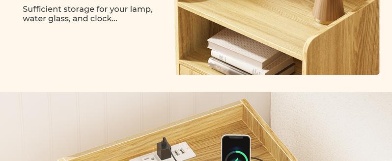 SUPERJARE Nightstands Set of 2, Night Stands with Charging Station & PE Rattan Decor Drawer, Bed Side Tables with Solid Wood Feet, End Table, for Bedroom, Living Room