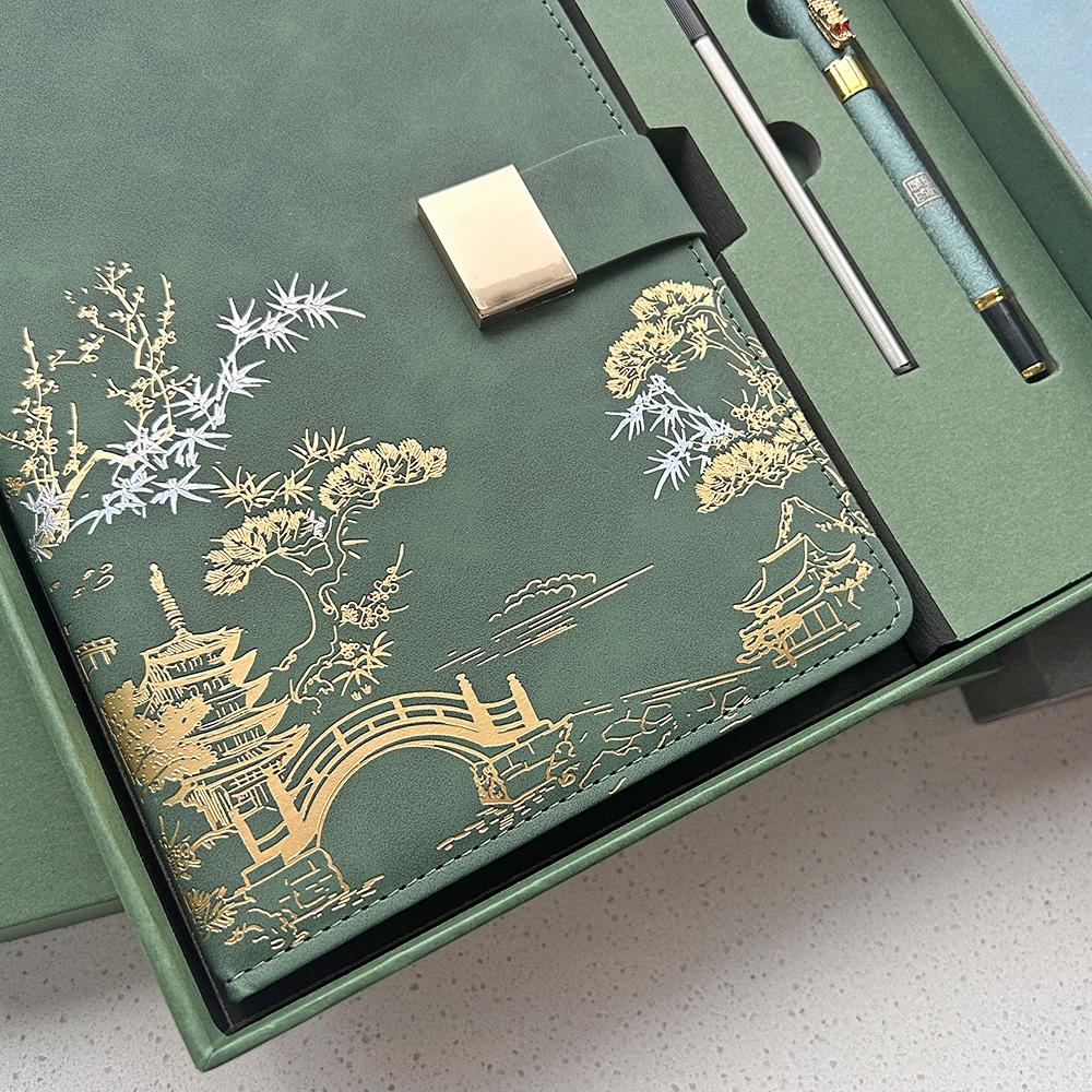 CHINSIKOL A5 PU Leather Notebook Set, Hardcover Journal, Chinese Style Embossed Pattern, Gold Foil Stamping, Gold Foil Accents, Glossy Clasp, Thick Paper, Includes Metal Pen & Replacement Ink Cartridge