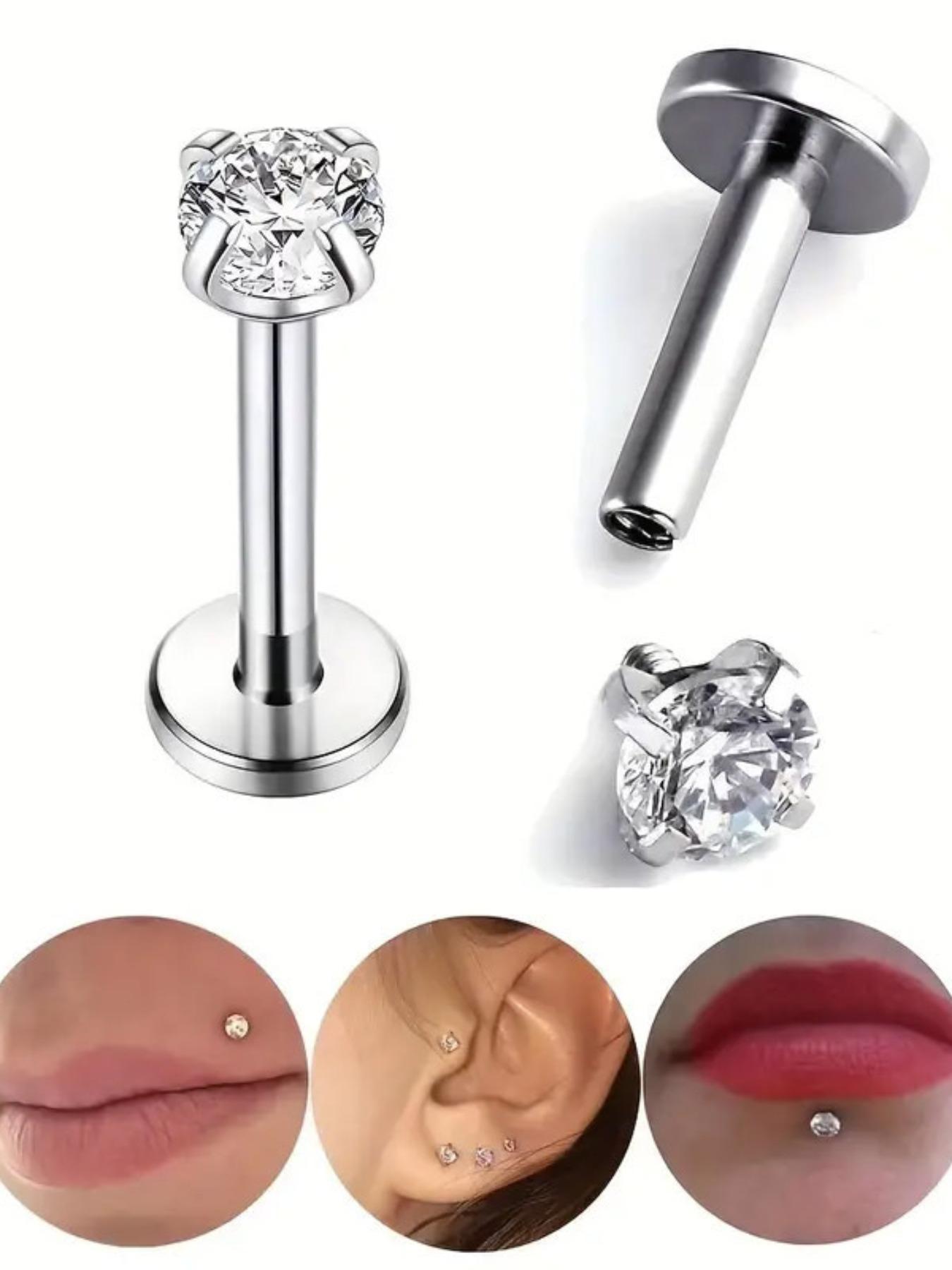16g G23 Titanium Round Cz Top Internally Threaded Nickle Free Labret Piercing, Silver Color Earring, Flat Back Studs for Body Jewelry