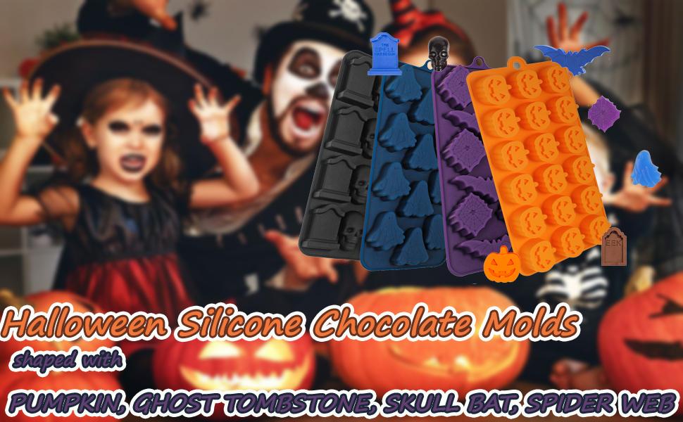 Halloween Chocolate Mold with Pumpkin Jack-O-Lantern, Skull, Tombstone, Ghost, Bat and, Halloween Molds for Chocolate, Candy, Ice Cube, Jello, Soap, Pack of 4