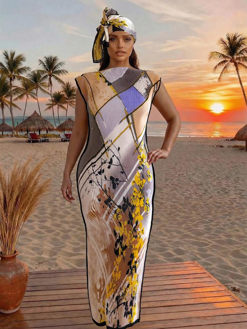 Women's Elegant Animal Print Long Dress Set, Slim-Fitting Moo Moo Skirt & Scarf, Beach Sun Protection Shawl, All Seasons Fashion