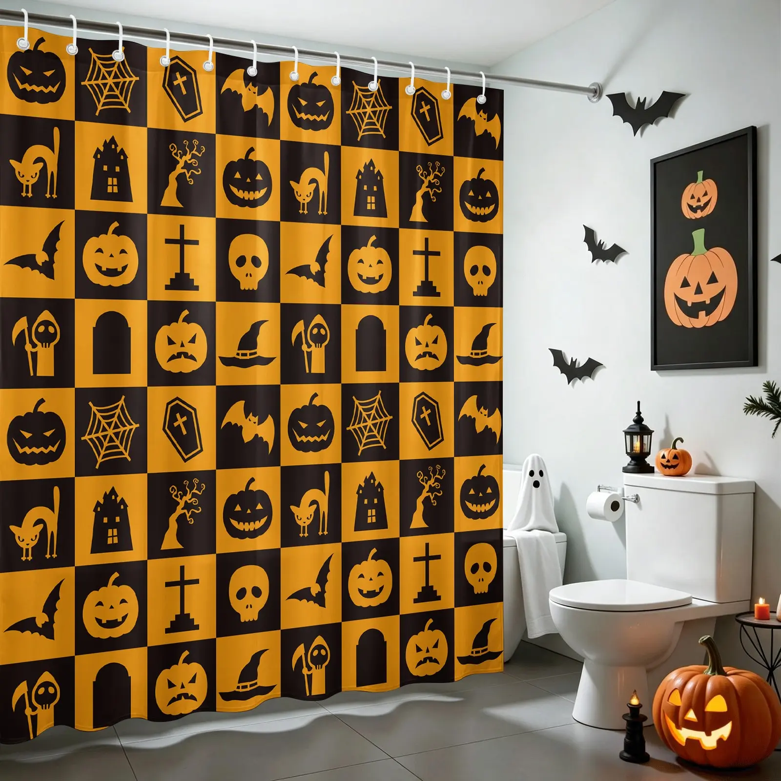 Halloween Checkerboard Fitted Sheet Set, Spooky Holiday Print Bed Sheets Set, 1 Fitted Sheet & 2 Pillowcase No Filling, Soft Deep Pocket Bedding Set, Gift for Teens Boys Girls Bedroom Decor