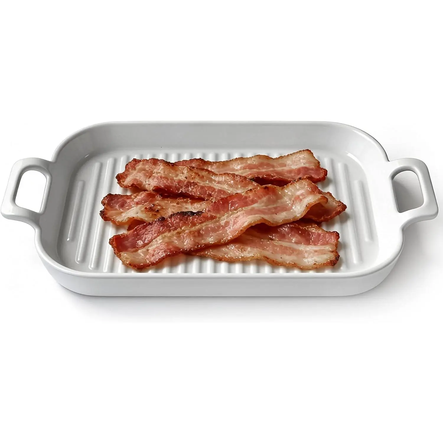Microwave Bacon Cooker - Premium White Ceramic Tray for Crispy, Low-Fat Bacon, Sausages & Snacks, Microwave-Safe Dish with Ridged Design for Even Cooking, Easy-to-Clean Non-Stick Surface(BC-06)