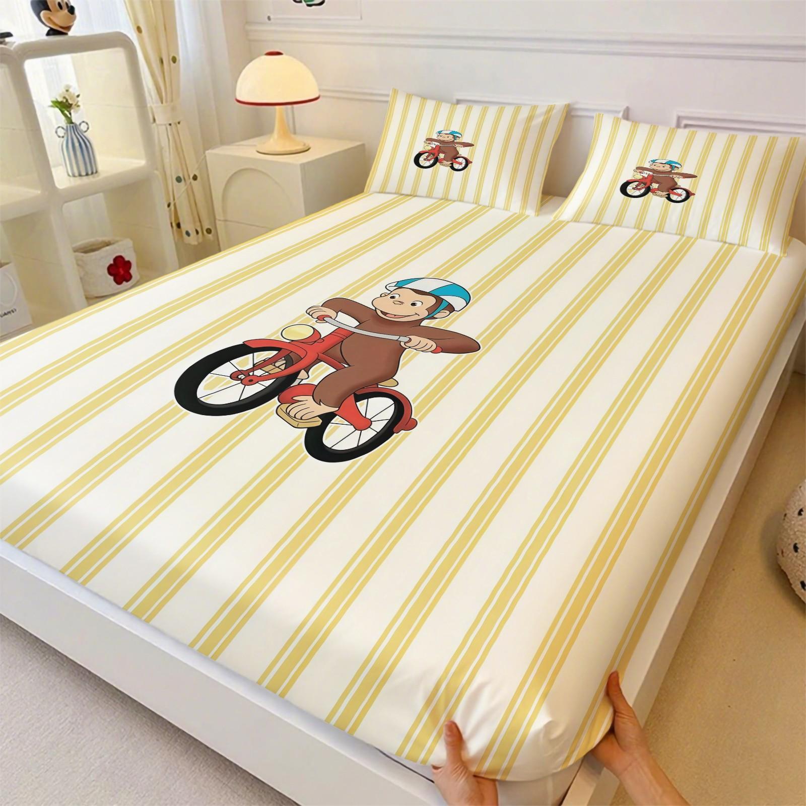 3 Piece Curious George Fitted Sheet Set, 1 Fitted Sheet + 2 Pillowcases, Cute Cartoon Monkey Biking Summer Adventure Bedding, Kids Bedroom Decor for Boys Girls Teens, Ideal Gift for Curious George Fans