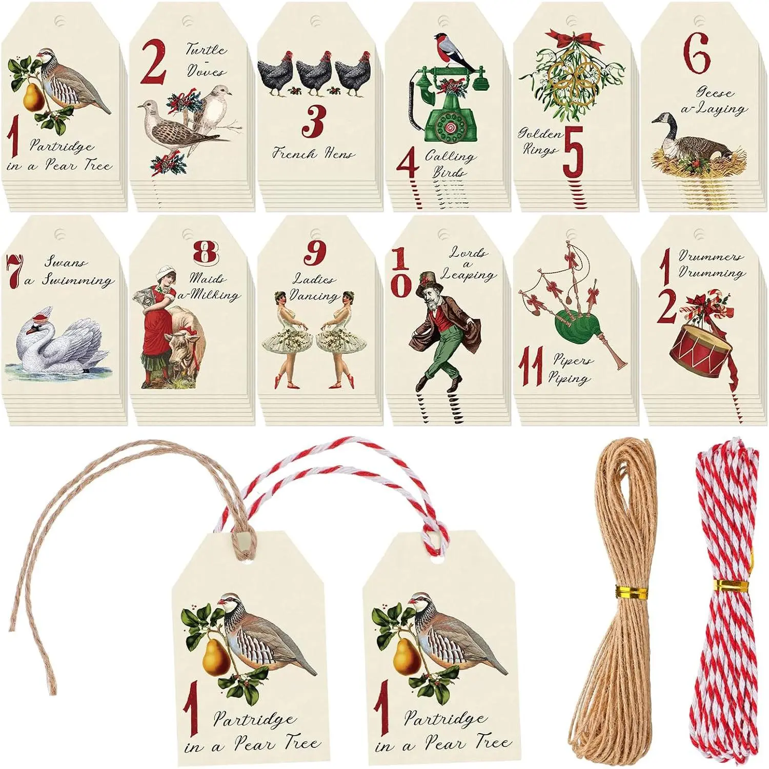 96-Count Traditional Modern Durable Synthetic Paper Christmas Decor Tags Set with String - Holiday Theme for Tree Ornaments, Decoration Gifts (Home & Festive Party Supplies)