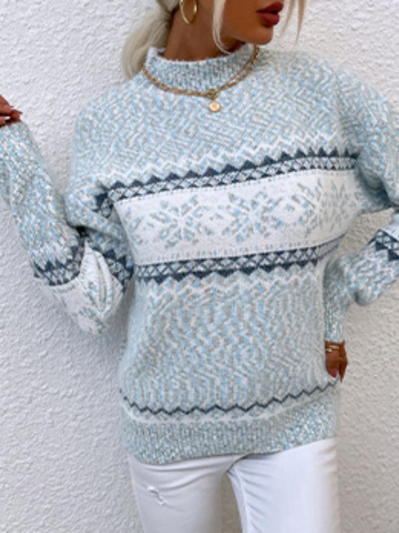 1 Piece 2026 Fall Winter New Knit Sweater, European American Lazy Style, Thick Warm Chenille Fabric, Mock Neck Long Sleeve Snowflake Jacquard Oversized Top, Women Christmas Party Commute Casual Pullover
