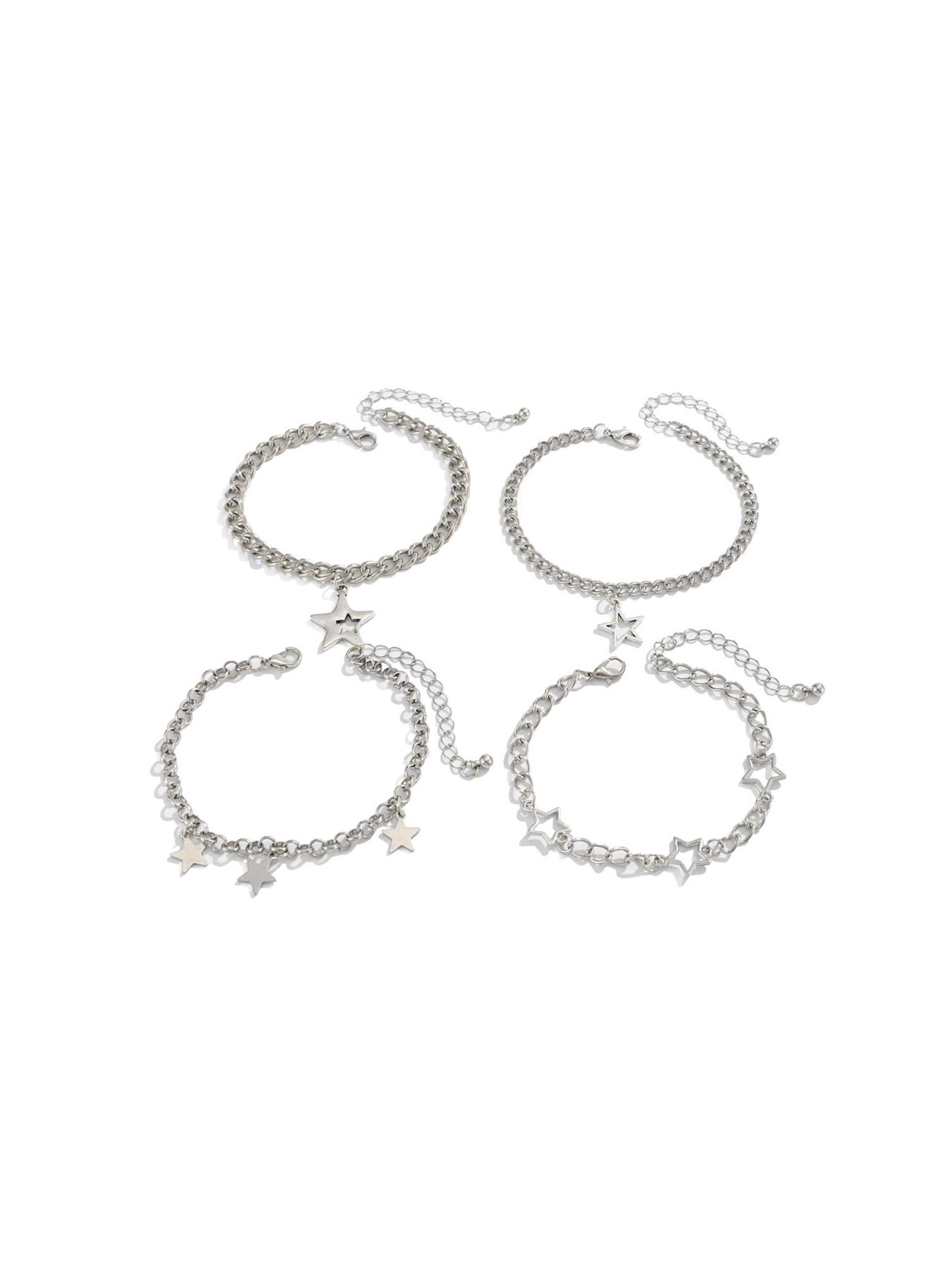 Men's Hip Hop Style Hollow Out Star Stackable Fashion Bracelet Set, Casual Vintage Design Daily Party Metal Bracelets Gift, Layered Bracelet Set