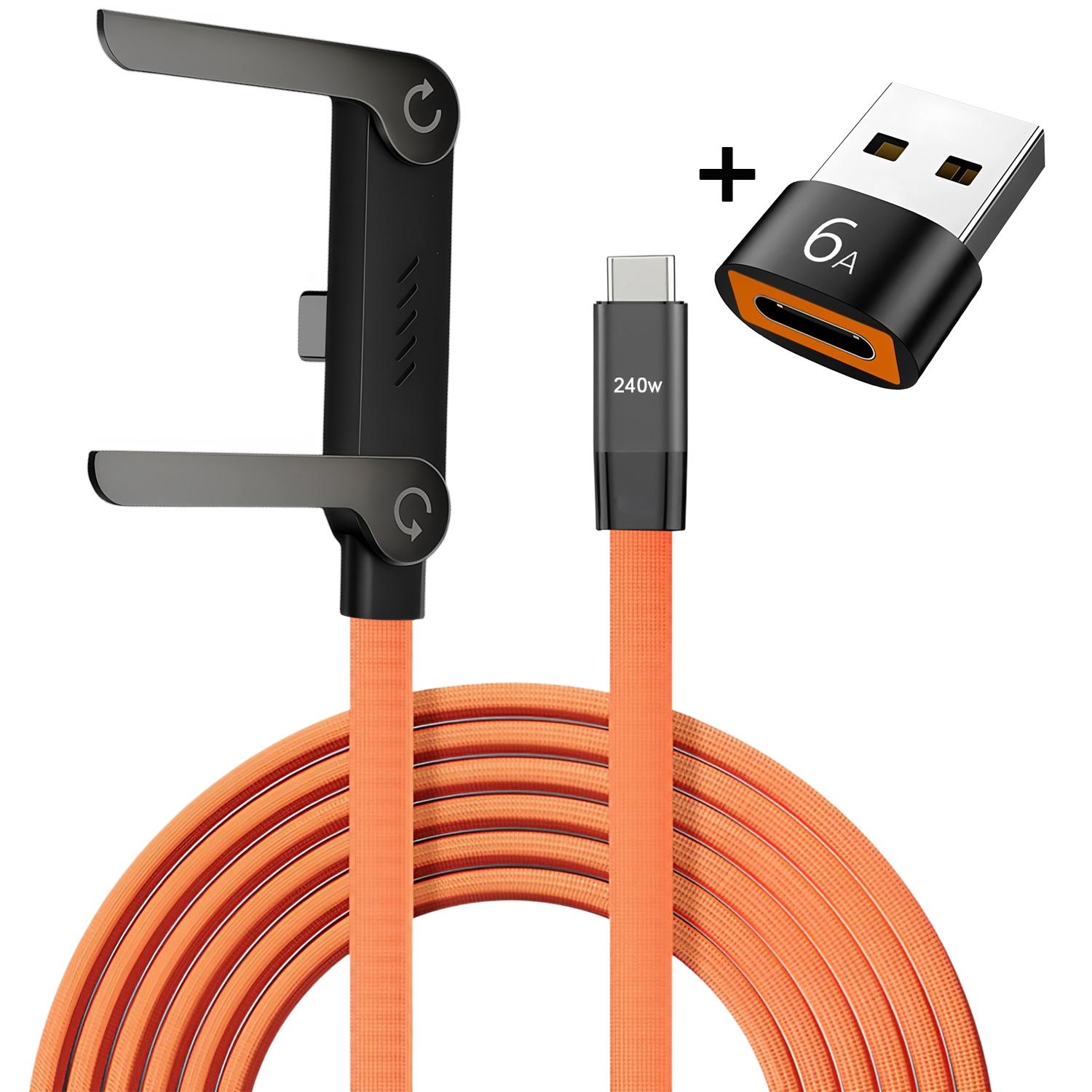 USB Type C Flat Charging Cable with Invisible 360° Rotating Phone Stand, Foldable Phone Holder, 240w Fast Charger