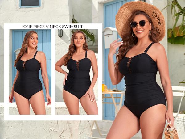 Yonique Women Plus Size One Piece Swimsuits Tummy Control Bathing Suits Vintage Swimwear