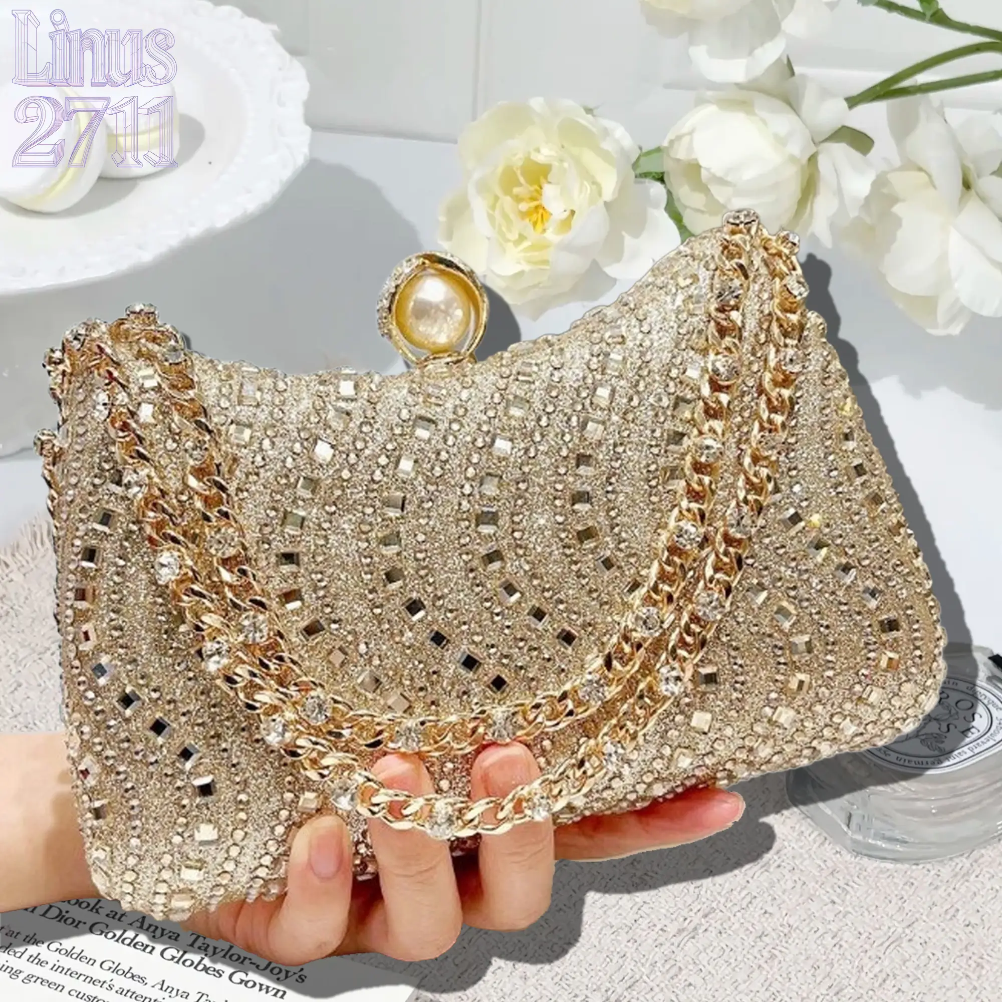 Gold Rhinestone Evening Clutch Bag for Women, Sparkly Crystal‑Encrusted Shoulder Handbag with Pearl Snap Clasp, Double Chain Cross‑body Purse, Wedding Prom Cocktail Party Bridal Formal Glitter Accessories