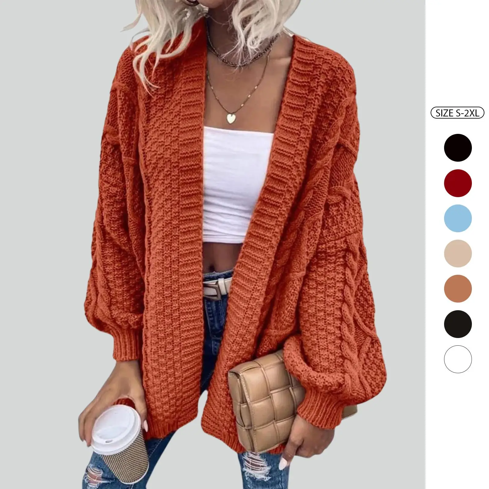 Imily Bela Womens Oversized Cardigan Sweaters Open Front Cable Knit Lantern Long Sleeve Chunky Outwear Coats Winter Knitwear Drop Sleeve Sweater Halloween Orange Christmas Red