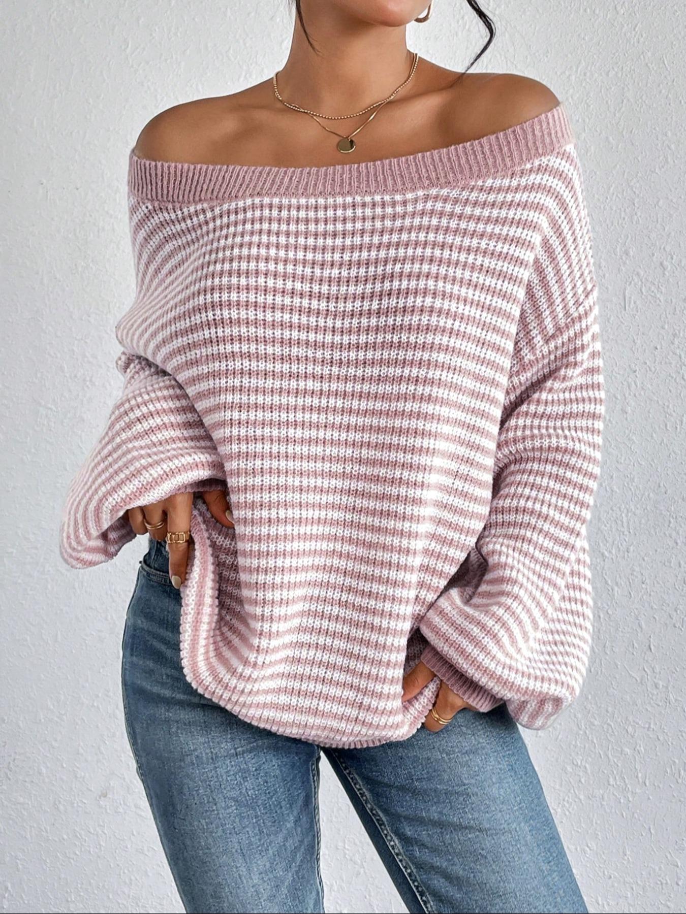 Women's Striped Drop-Shoulder Sweater, Casual Bishop Sleeve Boat Neck Jumper for Daily Outdoor Wear, Ladies Knitwear for All Seasons, Womenswear, Tops