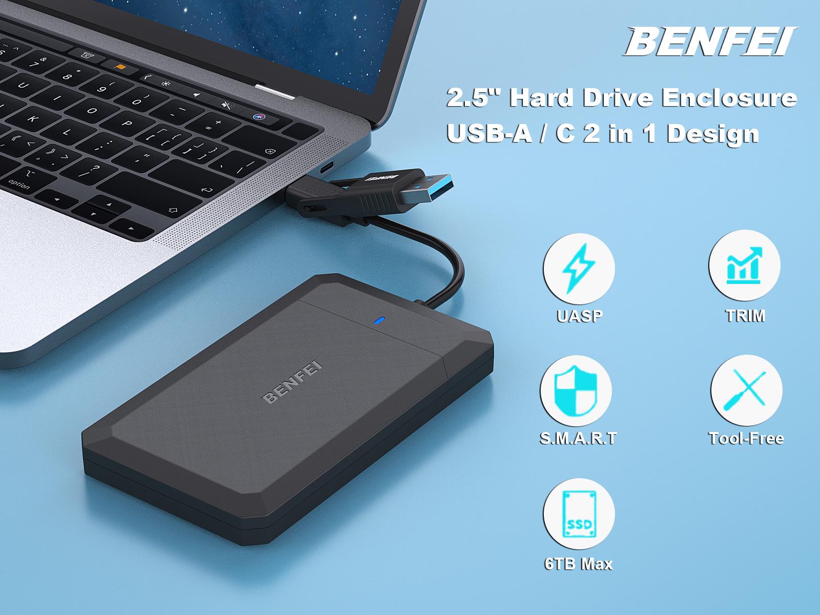 BENFEI 2.5 Inch SSD Enclosure SATA to USB-C/A Tool Free External Hard Drive Box