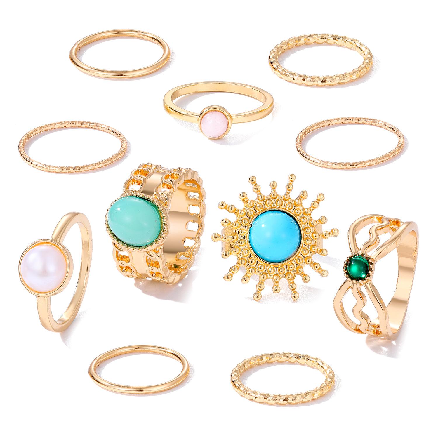 2026 Bulk Vintage Gold Rings Set for Women Y2K Boho Turquoise Black Stone Finger Ring Pack Stackable Jewelry Gift Summer Vacation Wholesale Mix