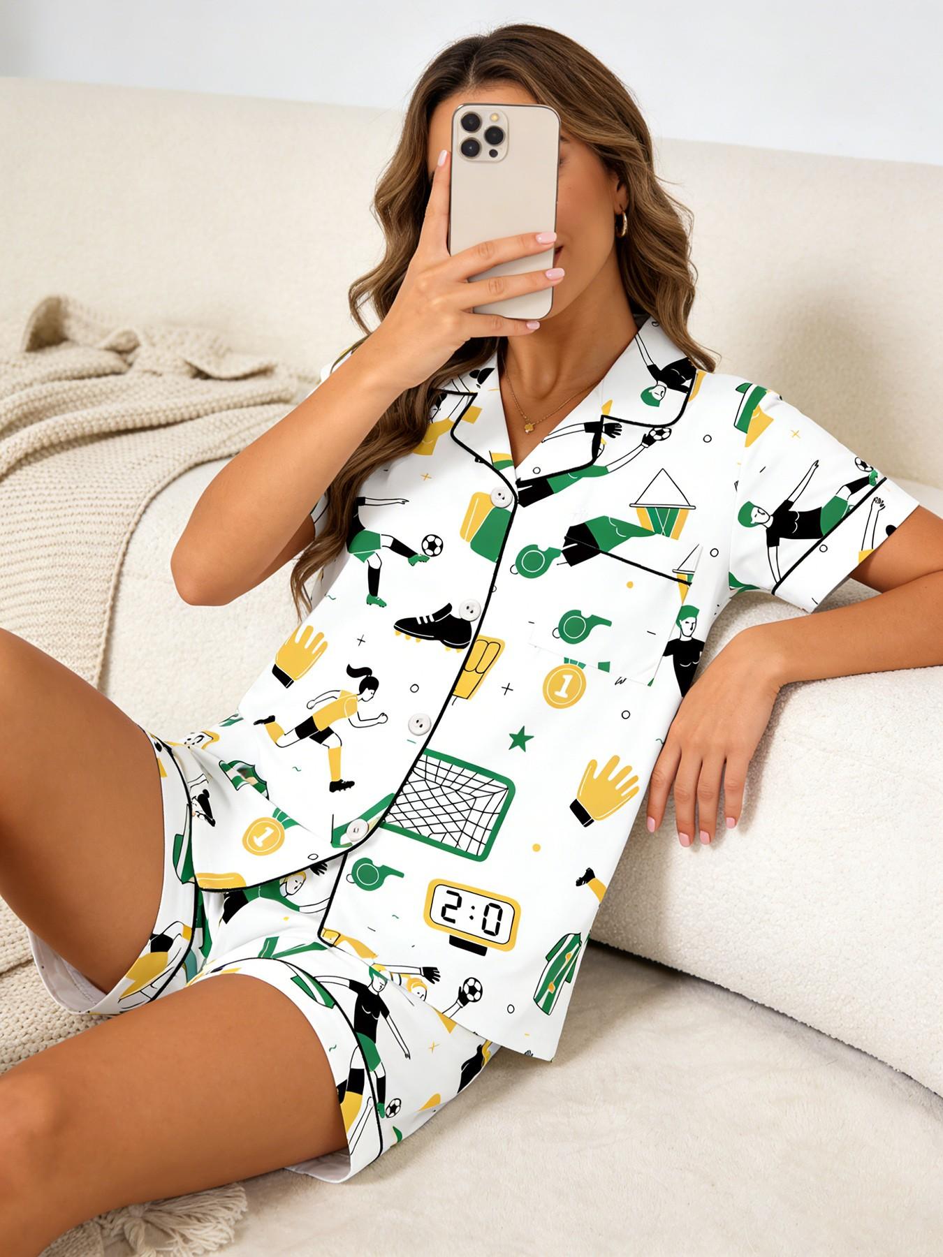 Women's Short Sleeve Button Down Top and Shorts Pajama Set, Spring Summer Wear, For Soccer Football Fans, White Base Yellow Green Soccer Game Print, Classic Lapel Collar, Loose Fit, Comfortable For Home & Game Nights