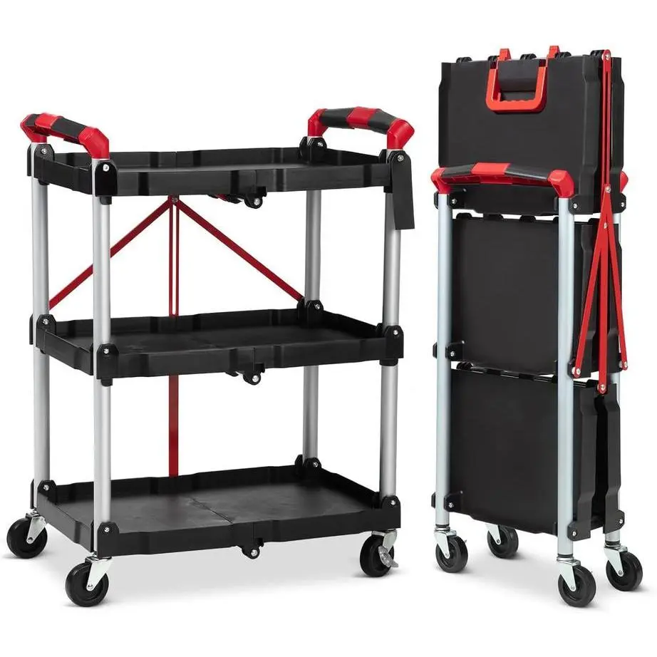 GARVEE Multifunctional 3-Layer Foldable Storage Unit with Lockable Wheels, Fixed Rope - No Assembly Required, Heavy-Duty Layer Rack (56lbs per Shelf) for Home, Bathroom Supplies, Food Service