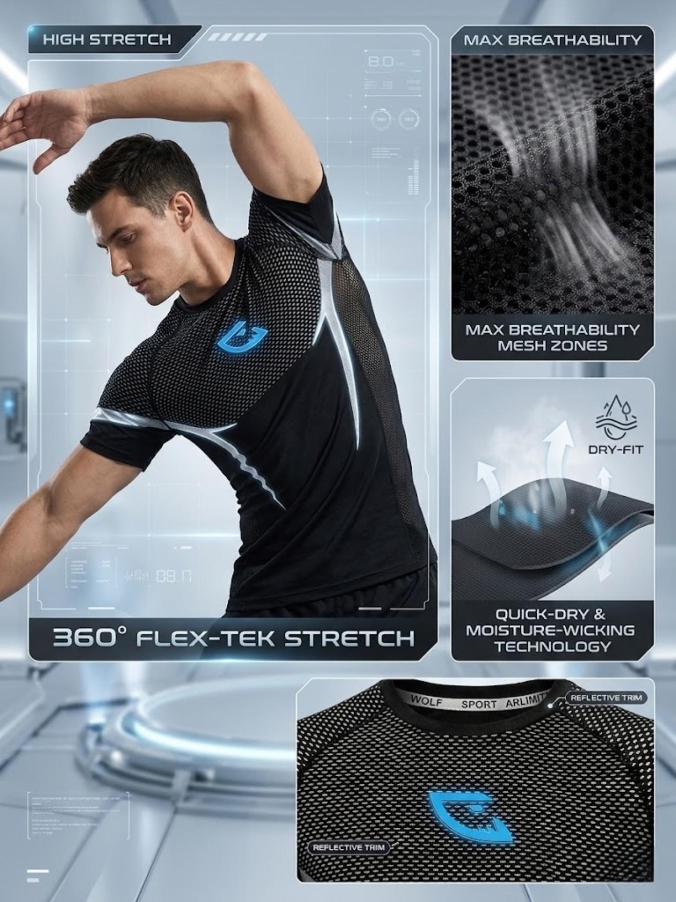 Men's Fitness Sport T-Shirt, Trendy Athletic Style, 10x Stretch, Quick Dry, Sweat-Wicking, Ideal for Gym Training, Men's Workout Wear
