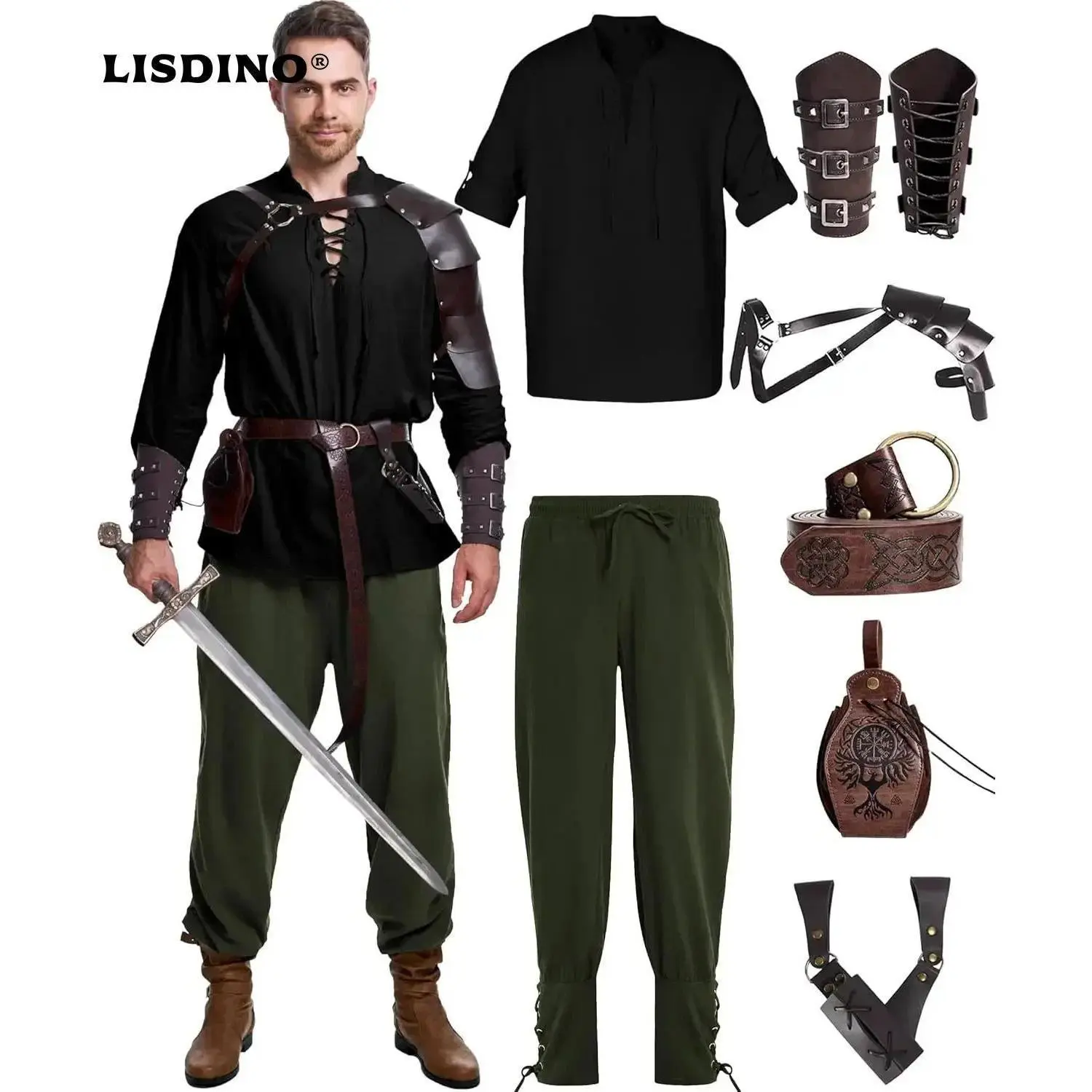 8 Pcs Men's Renaissance Costume Halloween Medieval Pirate Shirt Pant Viking Costume Accessories Set