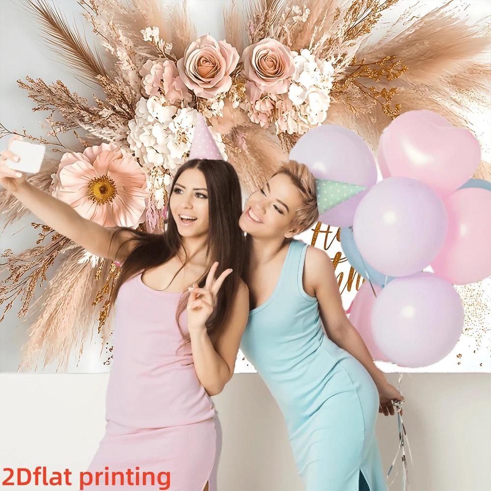 2DFlat1pc Boho Dried Flower Style Happy Birthday Backdrop Banner, With Pink Roses, Pampas Grass and Gold Glitter Elements, Ideal for Boho Birthday Party, Bohemian Themed Celebration, Ins Style Photoshoot Decoration, Can Be Used as Photo Background