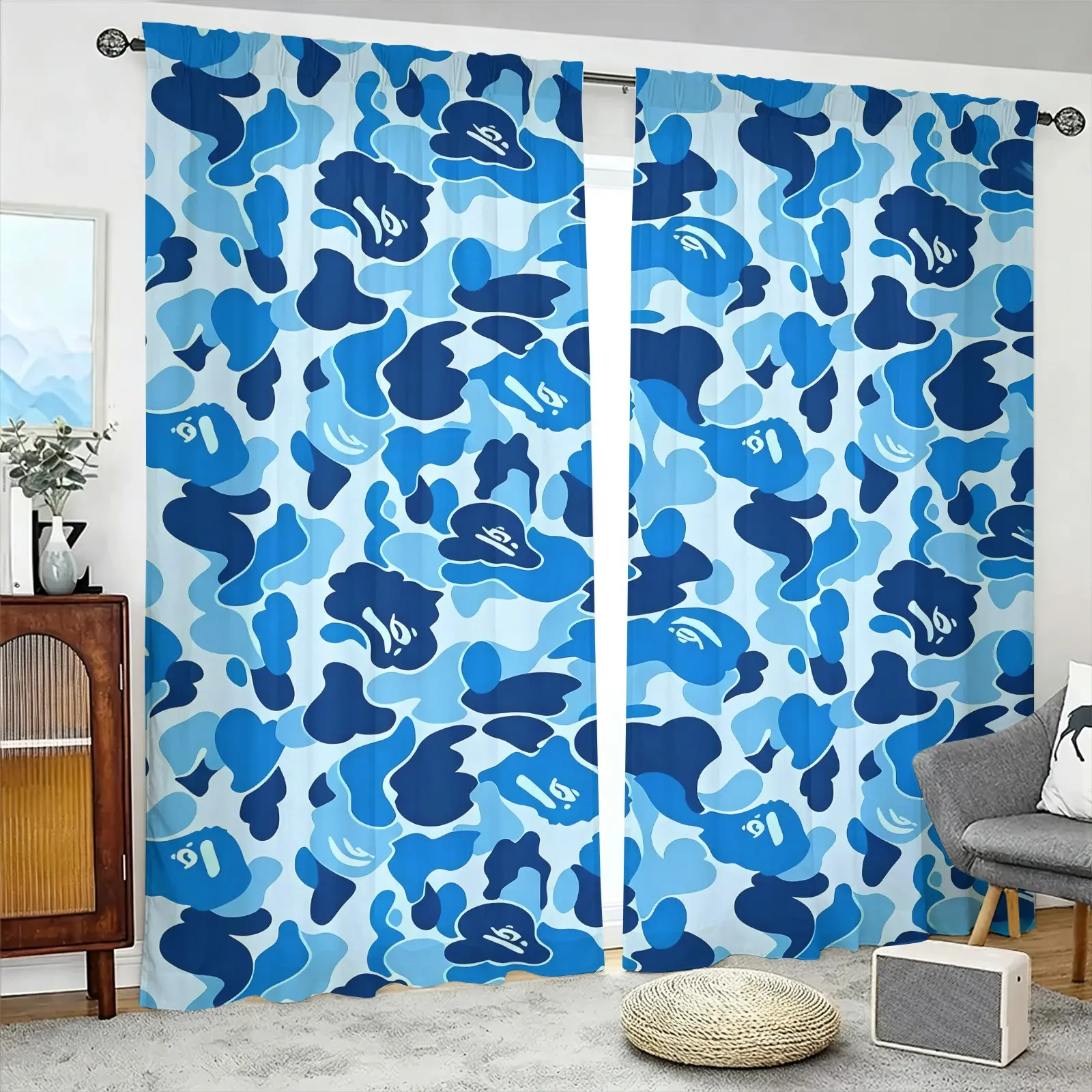 Blue Camouflage Cartoon Ape Dark Pattern Print Decorative Curtains, Two-Panel Rod Pocket Design No Drilling Installation, Privacy Noise Reduction Drapes, Hypebeast/Youth Bedroom Dorm Gaming Room Decor