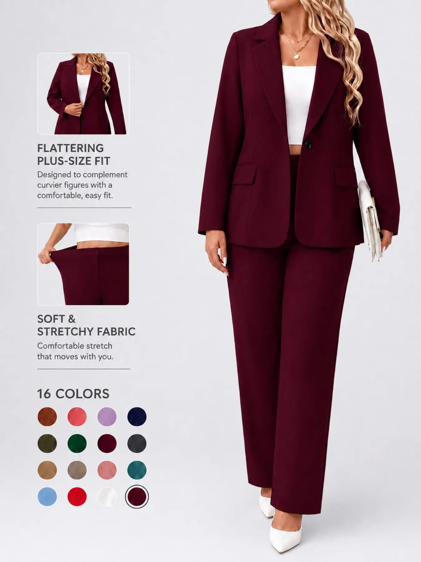 Plus Size Women’s 2 Piece Suit Set, Elegant Single Button Blazer and Straight Leg Pants, Soft Stretch Business Casual Outfit for Work, Office, Interviews and Special Events