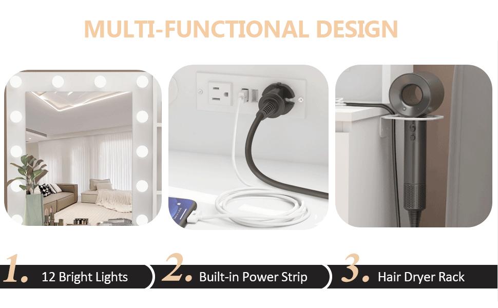 Vabches Makeup Vanity with Lights, 37inch Vanity Desk with Power Strip, 4 Drawers Makeup Table with Lighted Mirror, 3 Lighting Colors, White