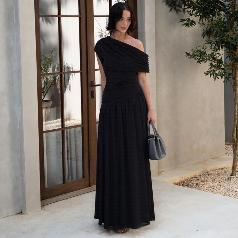 Women's Elegant Solid Irregular Neck Ruched Dress, Sexy One-Shoulder Backless Plain Slim Fit Maxi Dress, Formal Gown for Birthday Party & Date Evening, Summer Ladies Casual Long Dresses for Holiday & Daily Wear Womenswear