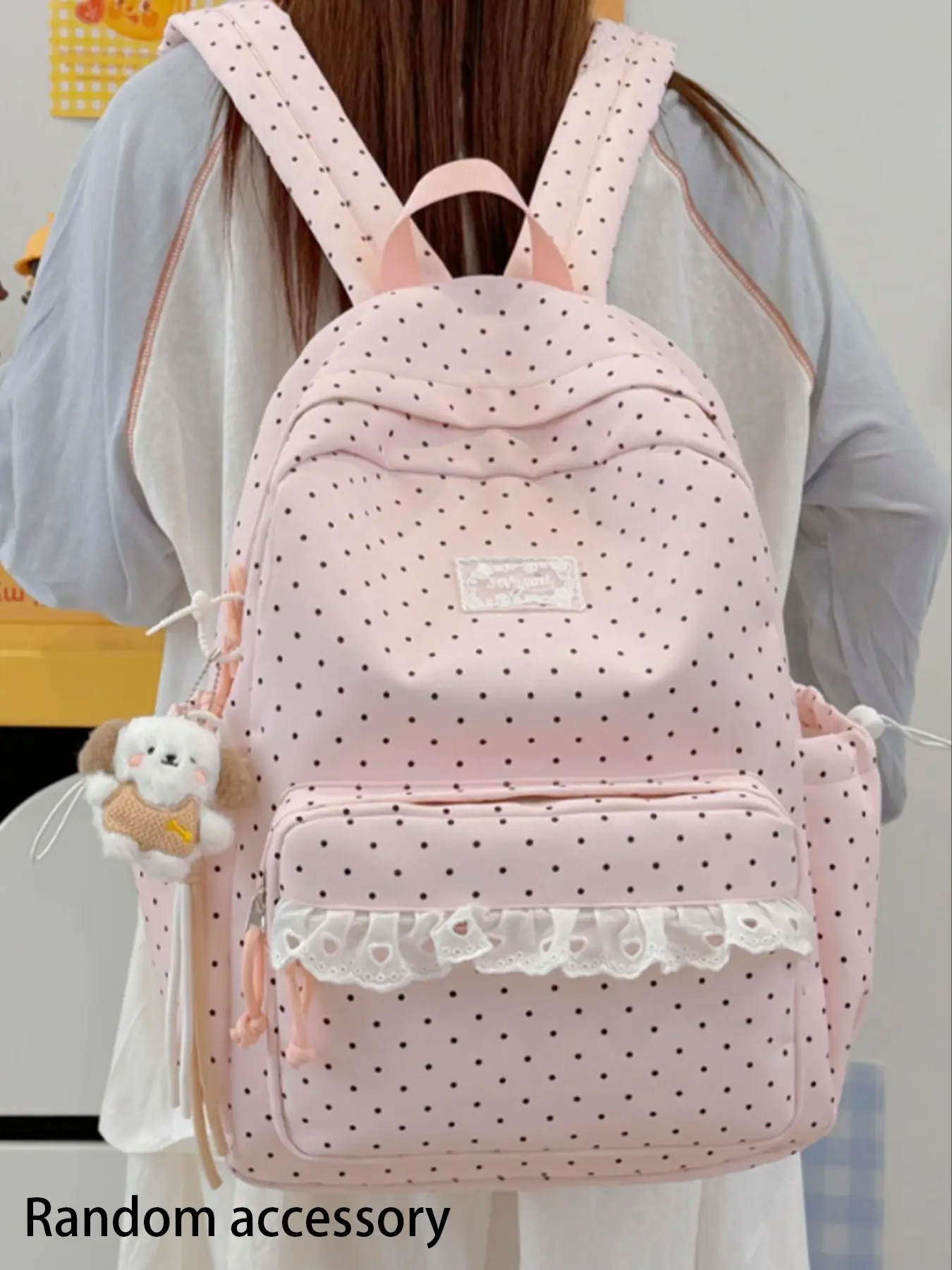 1pc Light Pink Black Polka Dot Women Backpack, Fresh Soft Color Matching, Lace Decoration On Front Pocket, Neat Stitching To Stabilize Bag Structure, Gentle Rounded Shape. Fresh Versatile Backpack Matched With Loose Color-block T-shirt（Random accessory）