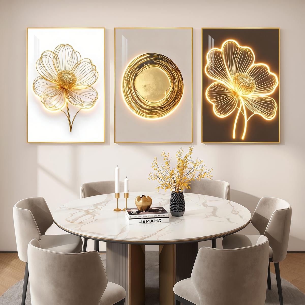 3 Counts Aluminum Alloy Framed Painting, Golden Wire Flower And Sun Abstract Art Pictures, Home Decoration For Living Room, Bedroom, Office, Restaurant, Hallway Wall Decor, Odorless Print Artwork, Luxury Perfect Gift For Friends And Family