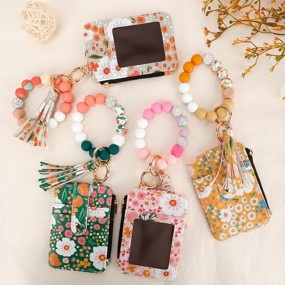 Ladies' Boho Style Beaded Tassel Decoration Keychain with Floral Pattern Wallet,Women's Credit Card Holder,Leather Card Case Keychain Wallet for Women