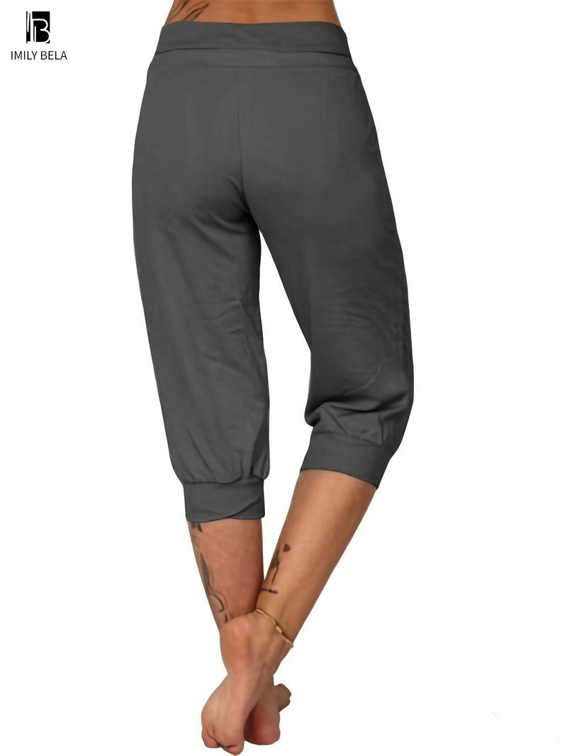 Women's Plain Drawstring Waist Capris Pants, Casual Pocket Trousers for Daily Wear, Ladies Bottoms for All Seasons, Casual Chic Bottoms