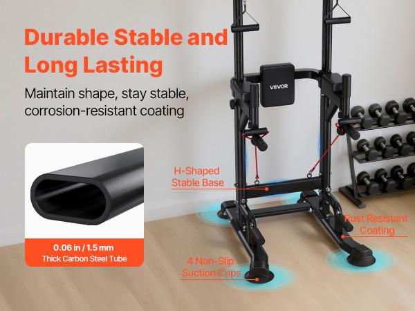 VEVOR Pull Up Bar, 330 LBS Power Tower Dip Station, Workout Dip Station with H-Shaped Stable Base Back Pad, Adjustable 12 Level Height Free Standing Chin Up Bar for Back, 4-Level Adjustable Back Pad
