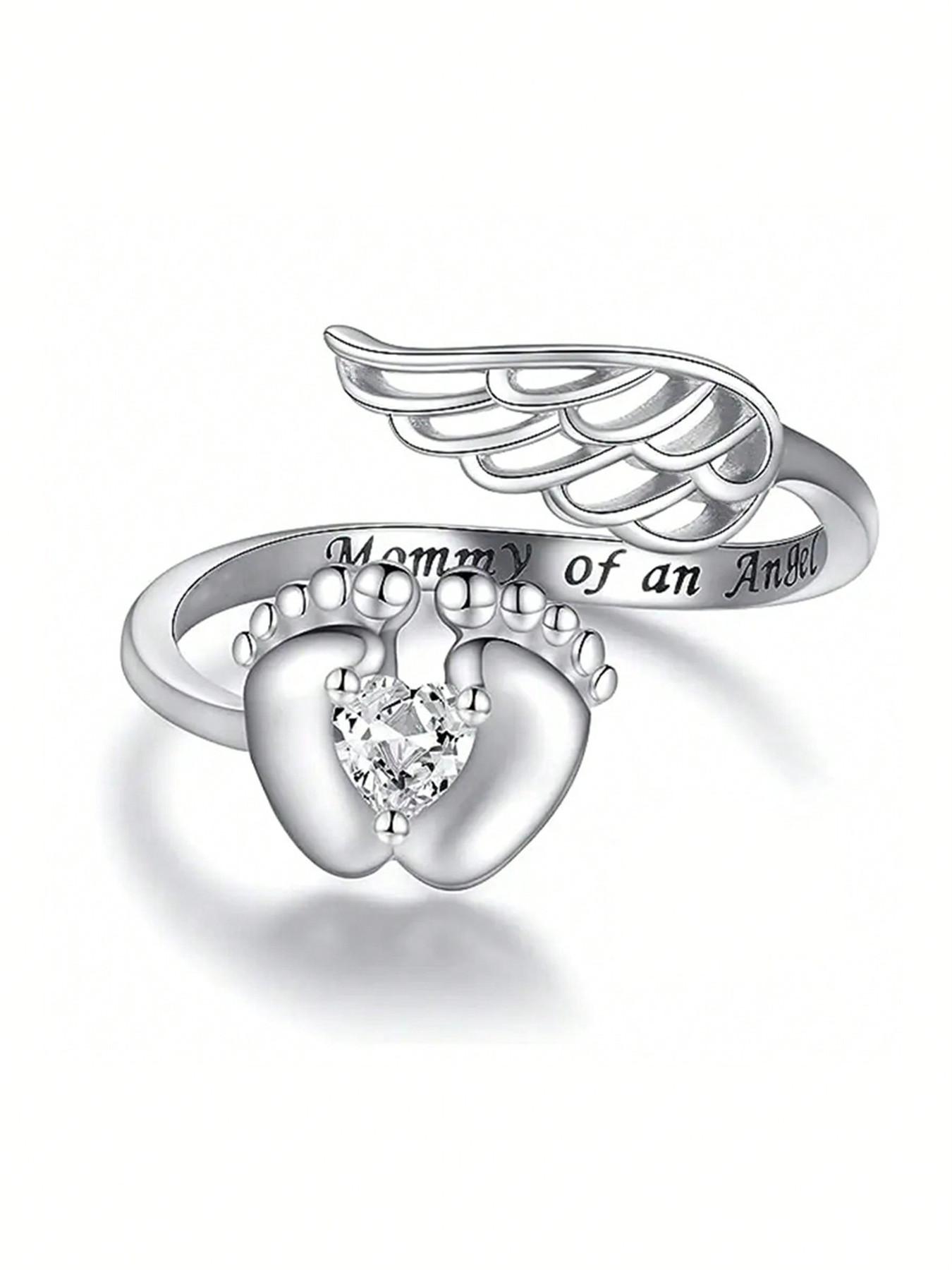 Mother's Day Gift Letter & Wing Design Cuff Ring, Commemorative Ring, Fashionable Jewelry for Women, Elegant All-match Fashion Accessories for Daily Wear