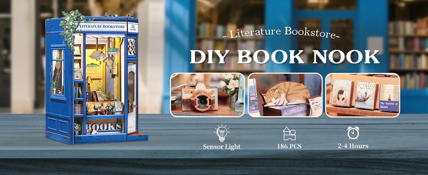 CUTEBEE DIY 3D Book Nook Kit Literature Bookstore – Miniature Wooden House Dollhouse, Handmade Creative Bookshelf Decor | Holiday, Christmas and Black Friday Gift for Adults